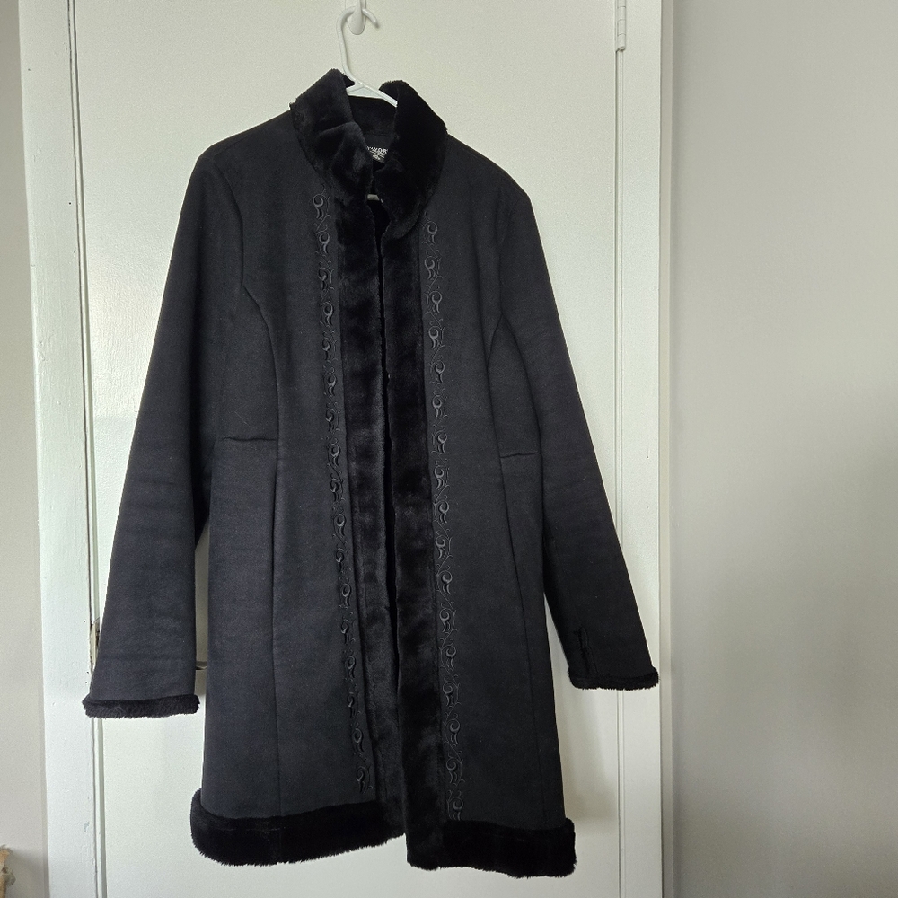 New York & Co. Penny Lane Coat Black Vegan Suede with Faux Fur Trim Embroidered